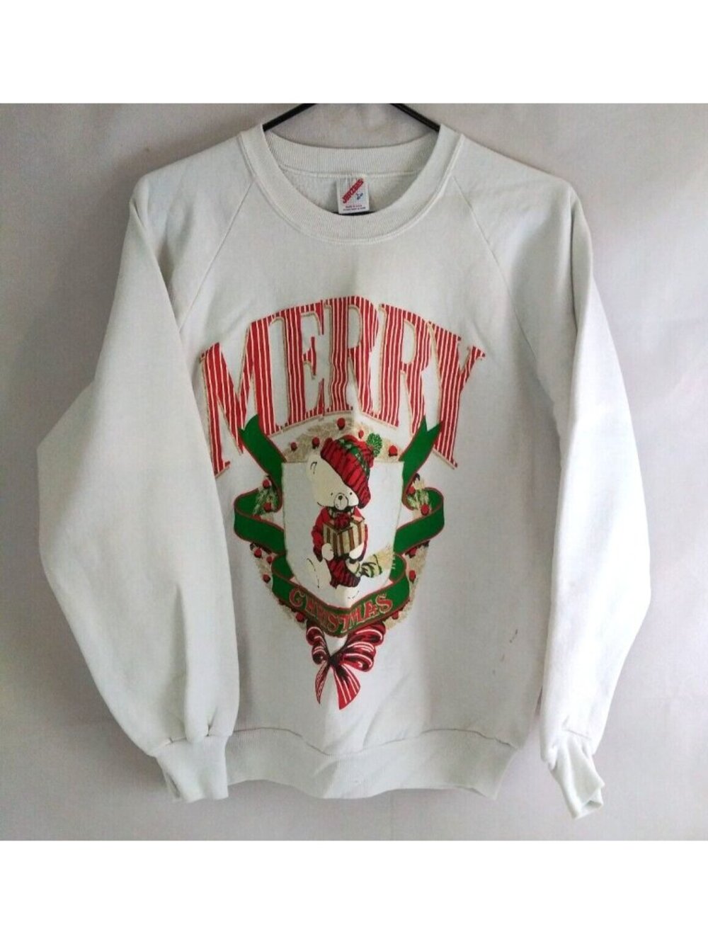 Vintage Jerzees Women's White Sweatshirt Merry Christmas Teddy Bear Design Large